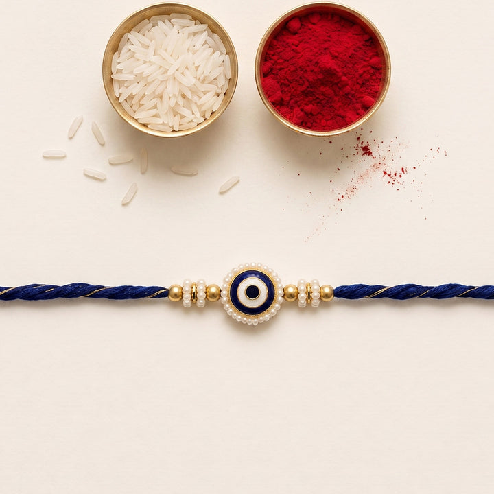 Reusable Evil Eye Beaded Thread Rakhi With Roli Chawal For Brother