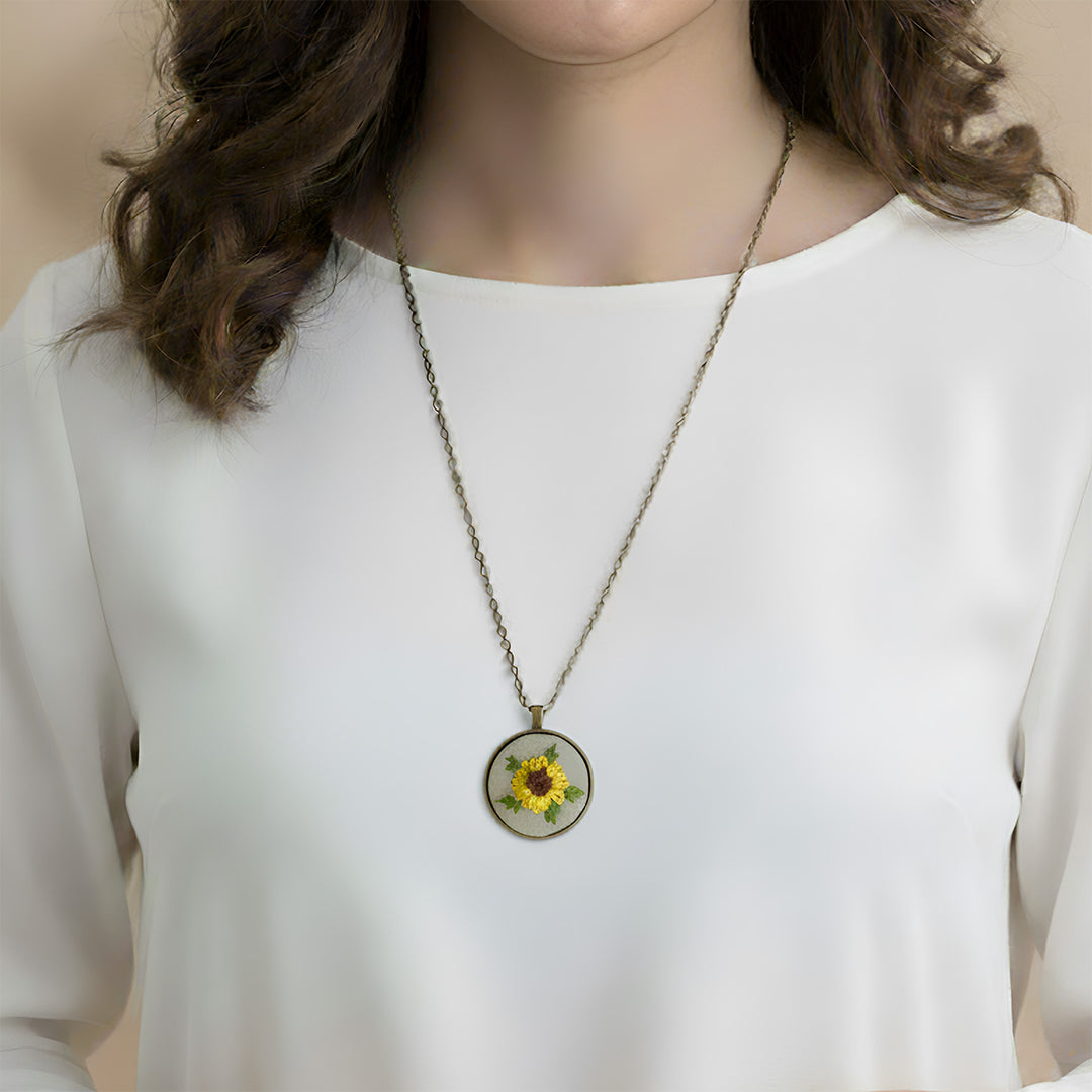 Hand Embroidered Sunflower Vow Antique Finish Necklace