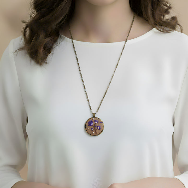 Hand Embroidered Rustic Iris Antique Finish Necklace