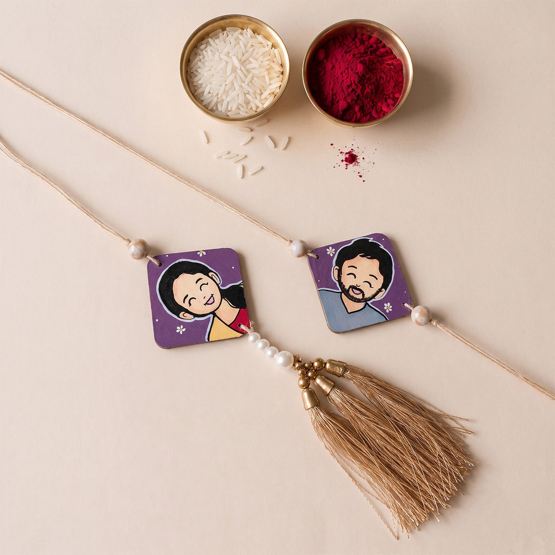 Photo Personalized Handpainted Reusable Caricature Mdf Wood Bhaiya Bhabhi Rakhi With Roli Chawal | Set Of 2