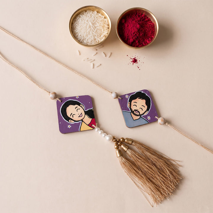 Photo Personalized Handpainted Reusable Caricature Mdf Wood Bhaiya Bhabhi Rakhi With Roli Chawal | Set Of 2