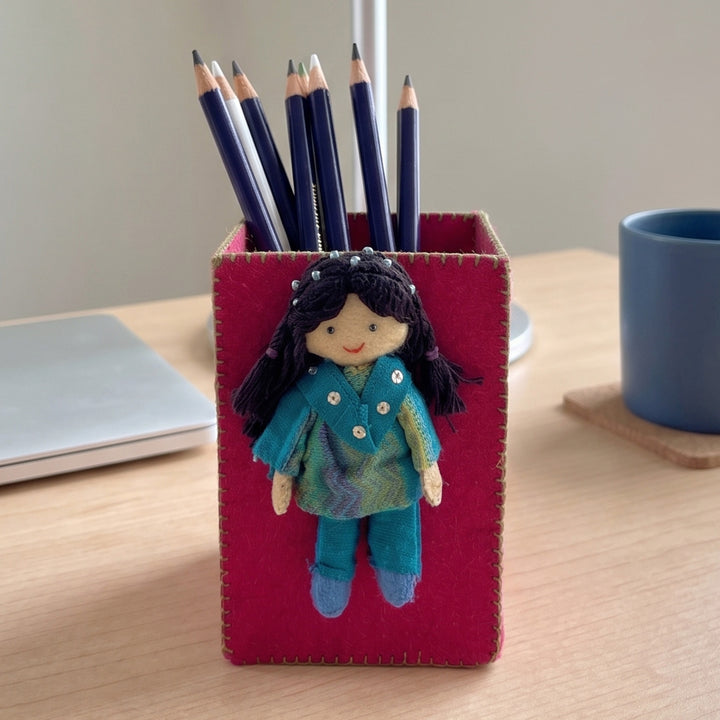 Handmade Pink & Green Pen Stand with Detachable Veera Doll