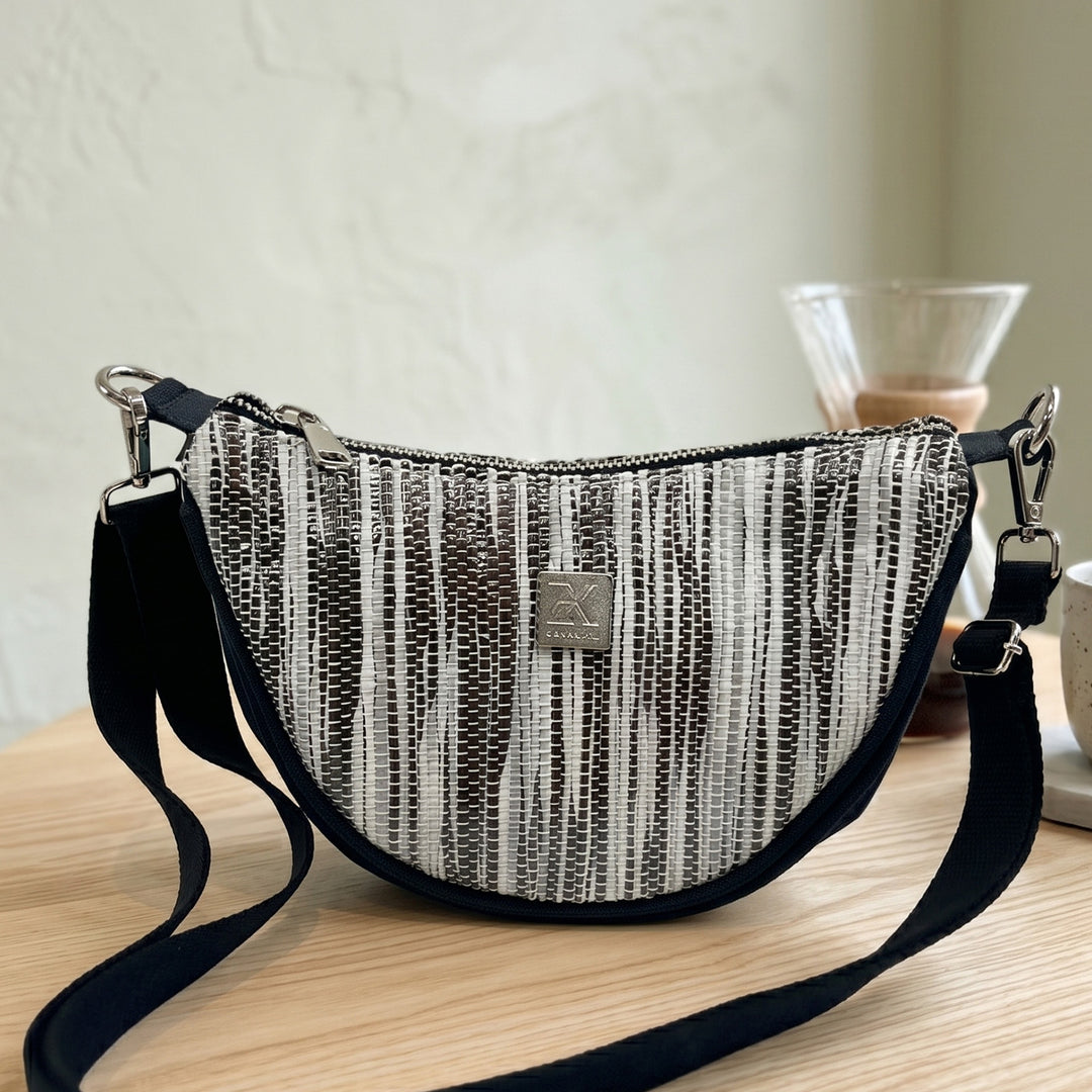 Abstract White and Black Striped Upcycled Plastic Handcrafted Curve Sling Bag