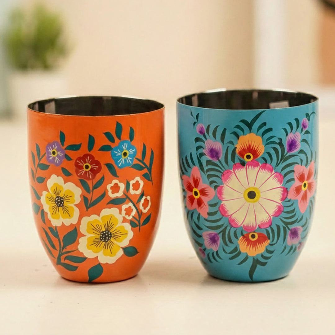 2Pc | Hand-Painted Orange & Blue Floral Kashmiri Art Stainless Steel Large Round Glasses
