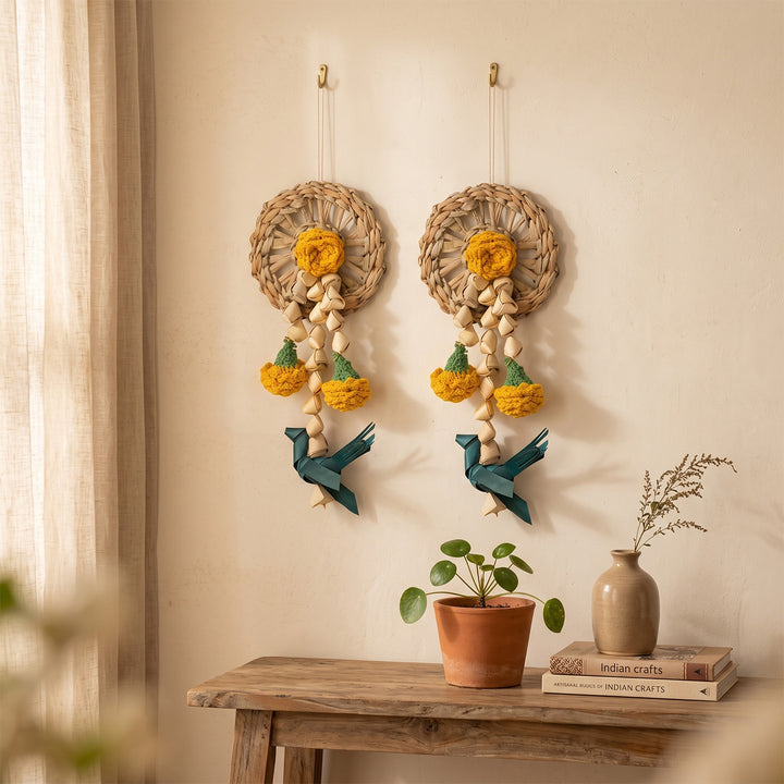 Set of 2 | "Vihang" Handcrafted Chamba Bird Wall Hanging with Crochet Marigolds For Festive Decor