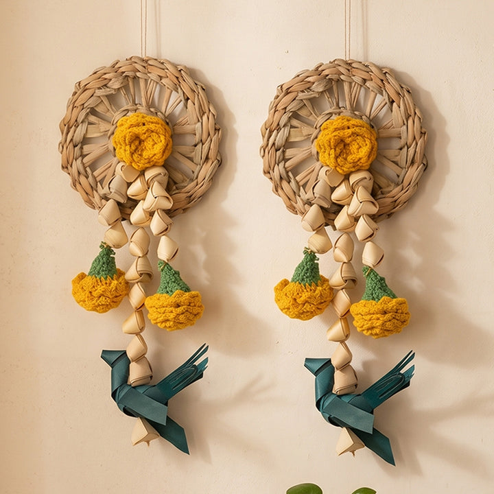 Set of 2 | "Vihang" Handcrafted Chamba Bird Wall Hanging with Crochet Marigolds For Festive Decor