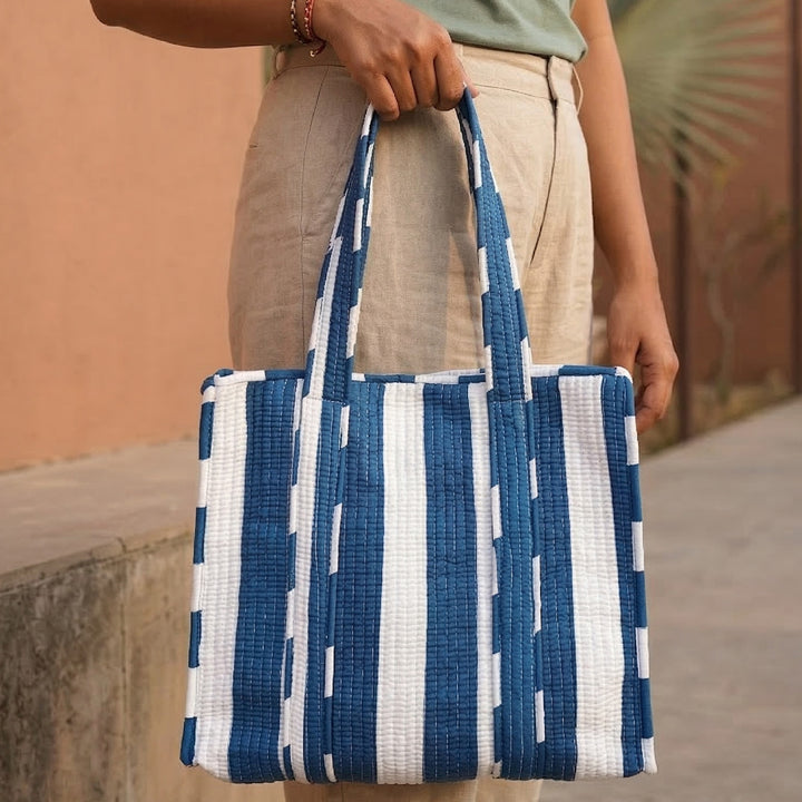 Handmade Nautical Blue Stripe Cotton Tote Bag