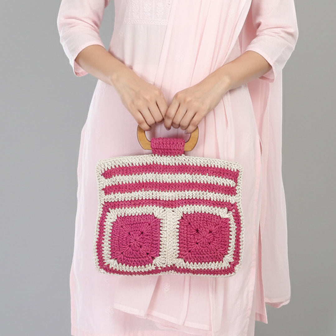 Handmade Crochet Pink & White Bag