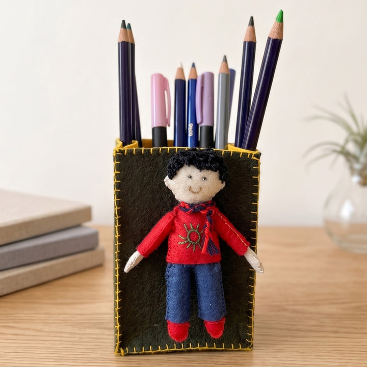 Handmade Mehndi Green & Yellow Pen Stand with Detachable Joy Doll