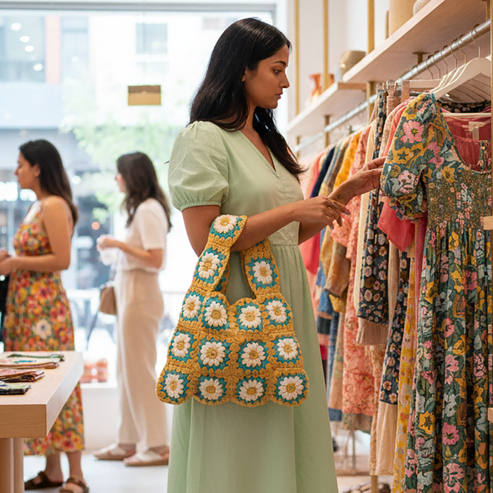 Handmade Crochet Yellow Floral Shopper Tote Bag