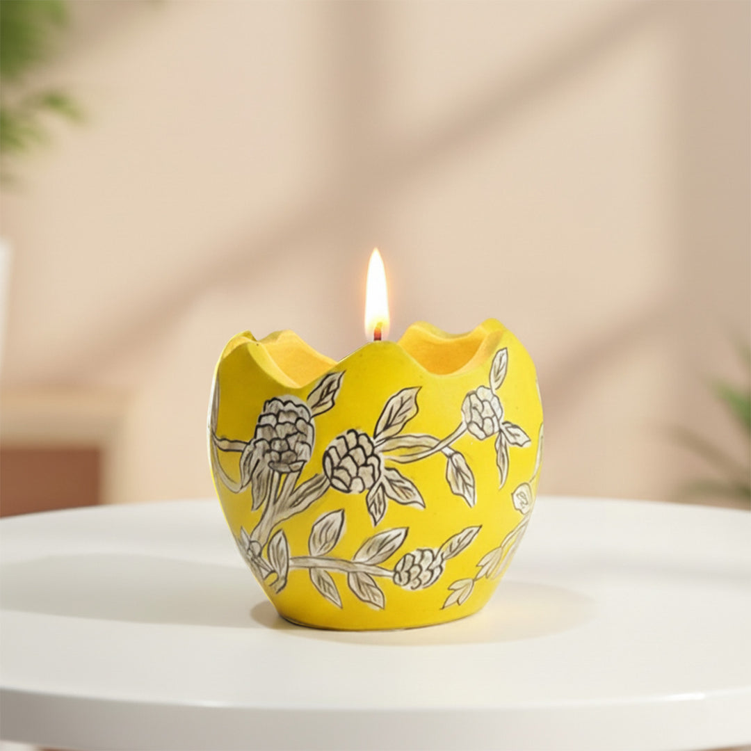 Hand-Painted Yellow & White Floral Terracotta Candle Holder With Candle