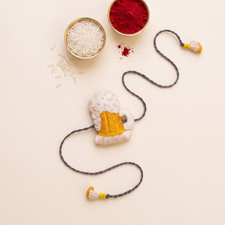 Hand Embroidered Beer Mug Rakhi With Keychain For Brother