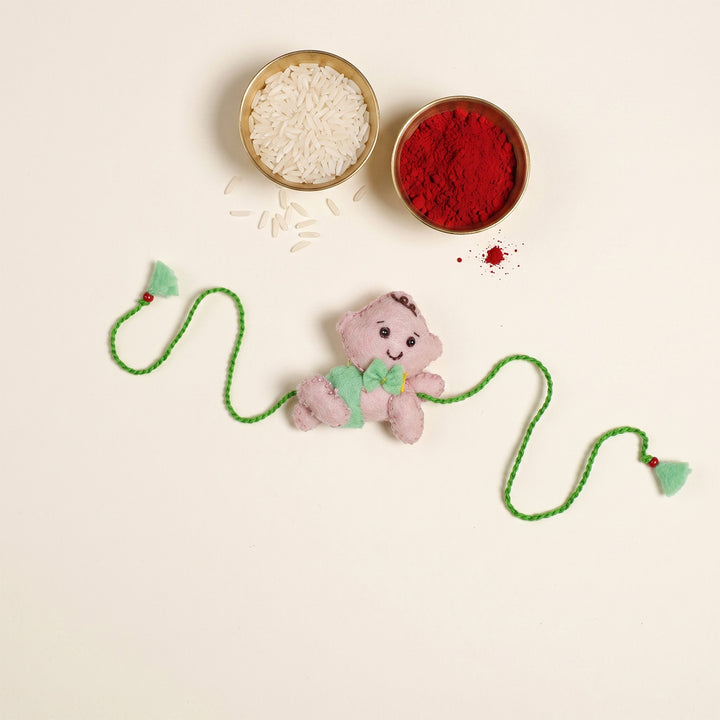 Hand Embroidered Crawling Baby Rakhi With Brooch Pin & Keychain For Baby Brother