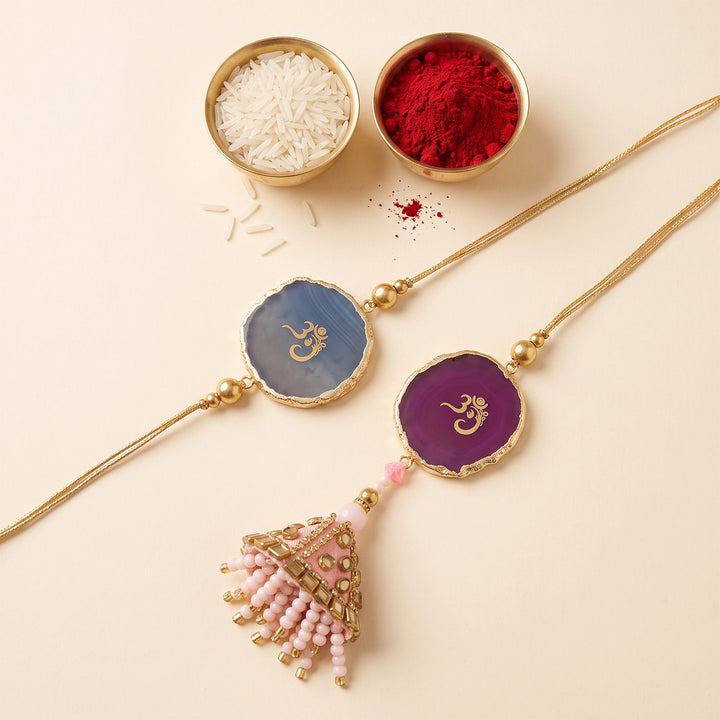 Handmade "Om" Pink And Blue Premium Agate Bhaiya Bhabhi Couple Rakhi And Lumba Set With Roli Chawal, Nariyal And Gift Box | Set of 2