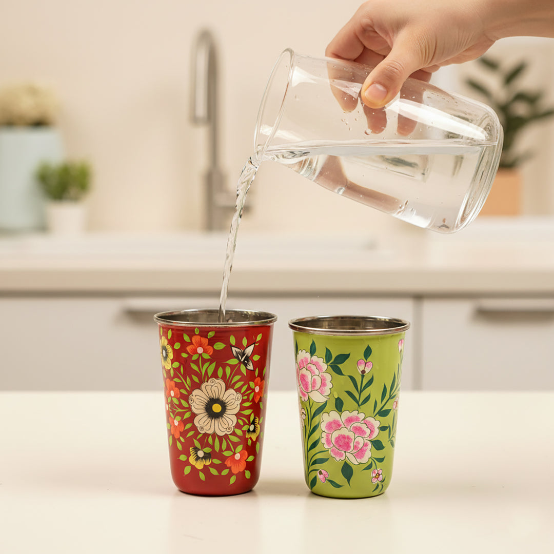 2Pc | Hand-Painted Red & Green Floral Kashmiri Art Stainless Steel Large Glasses