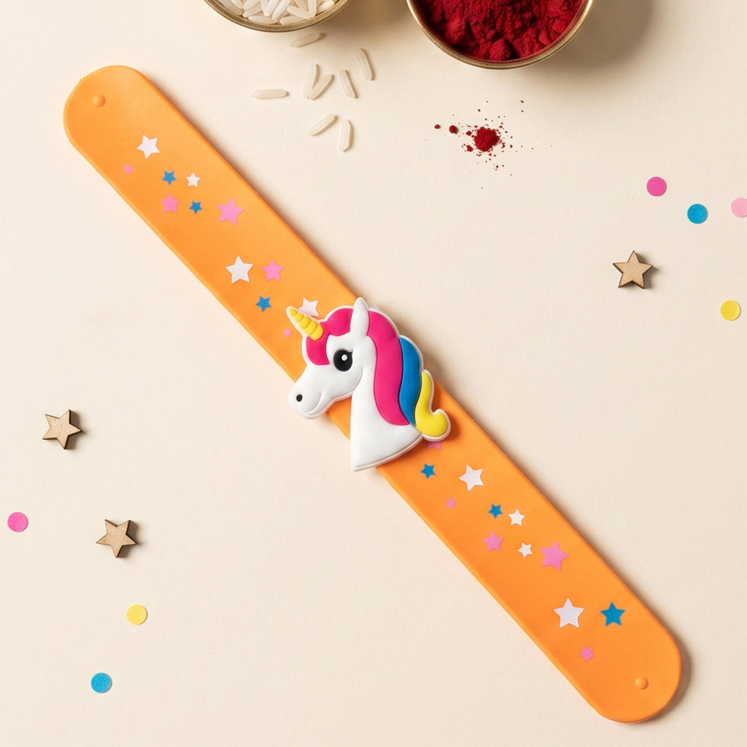 Handmade Orange Unicorn Silicone Slap Band Rakhi For Kids With Roli Chawal For Brother
