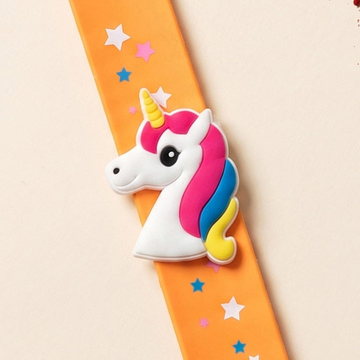 Handmade Orange Unicorn Silicone Slap Band Rakhi For Kids With Roli Chawal For Brother