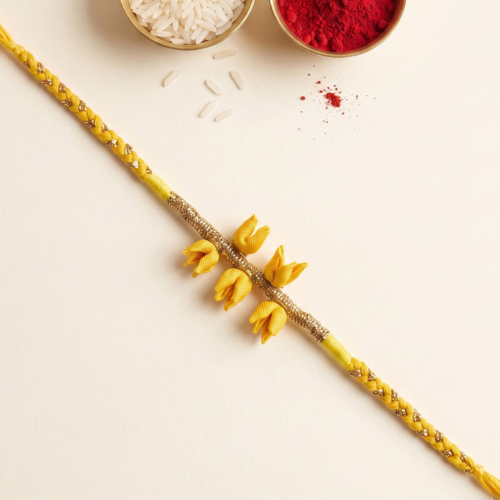 Handmade Tulip Bud Silk Fabric Floral Rakhi For Brother With Roli Chawal