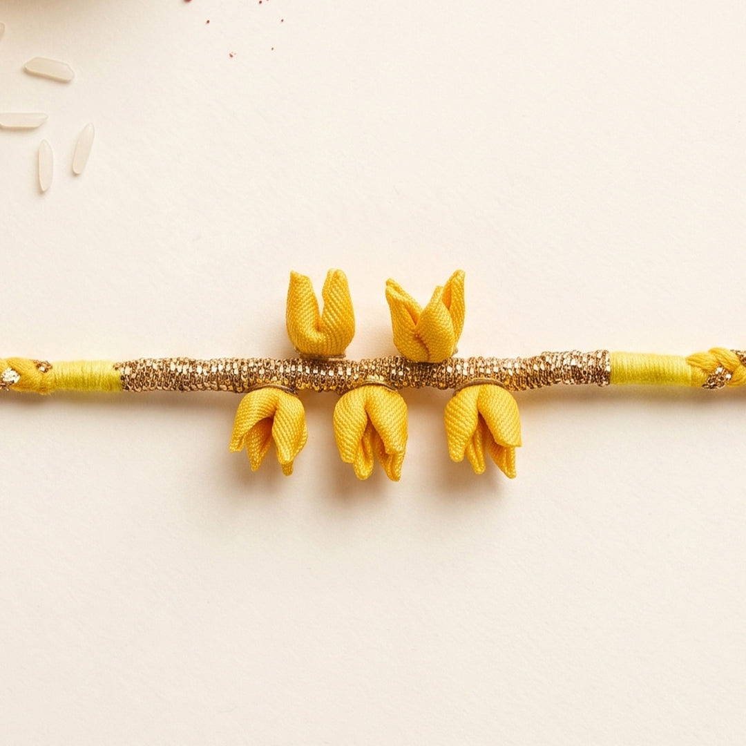Handmade Tulip Bud Silk Fabric Floral Rakhi For Brother With Roli Chawal