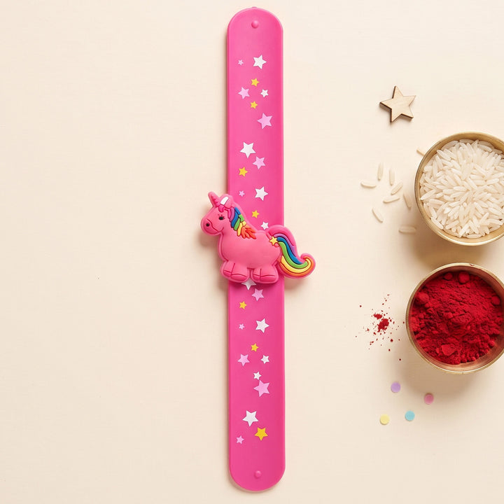 Handmade Cute Unicorn Silicone Slap Band Rakhi For Kids With Roli Chawal For Brother