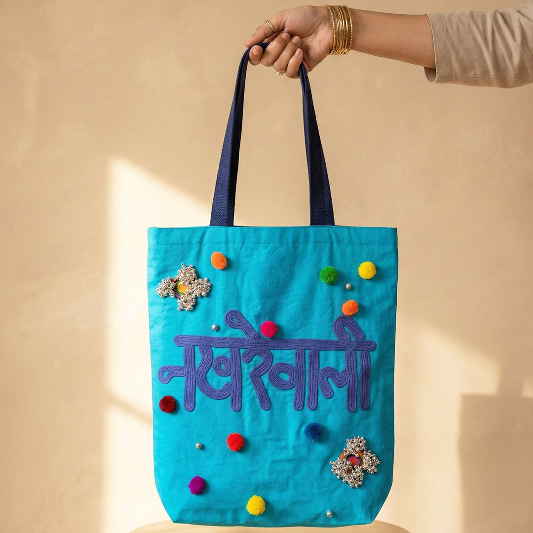Hand-Embroidered Dori Work Turquoise Nakhrewali Tote Bag