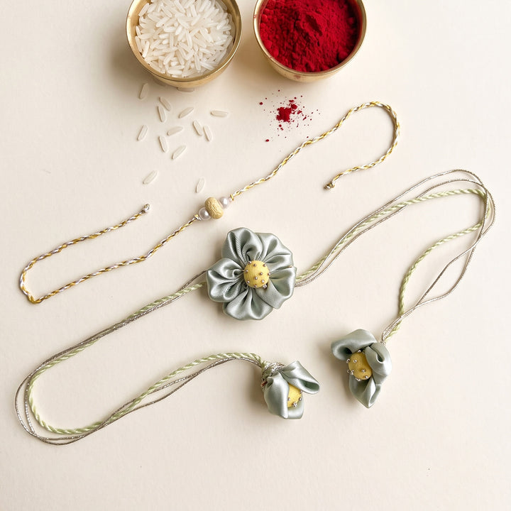 Handmade Daisy Phool Floral Couple Rakhi Lumba Set With Roli Chawal For Bhaiya Bhabhi