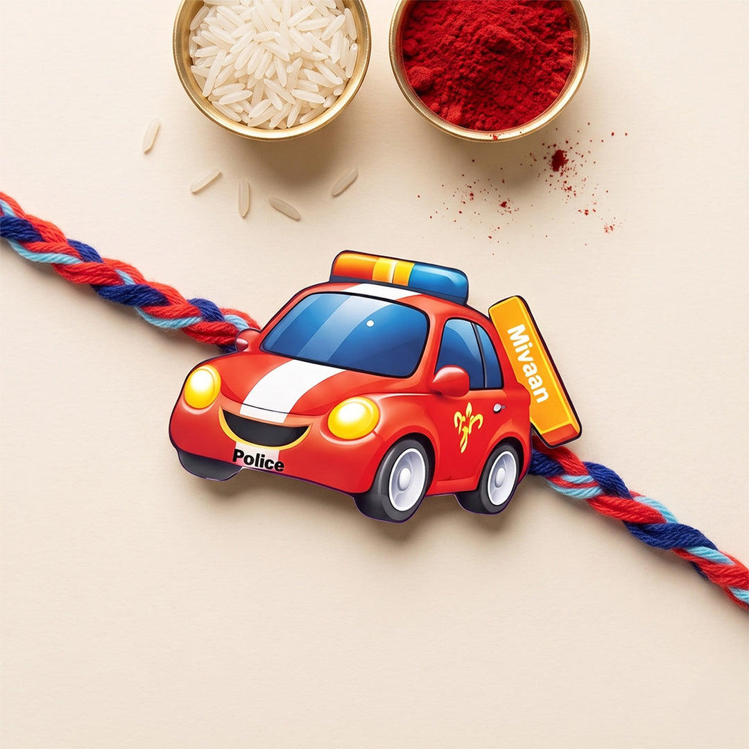 Personalized Reusable Police Car MDF Wood Rakhi With Roli Chawal