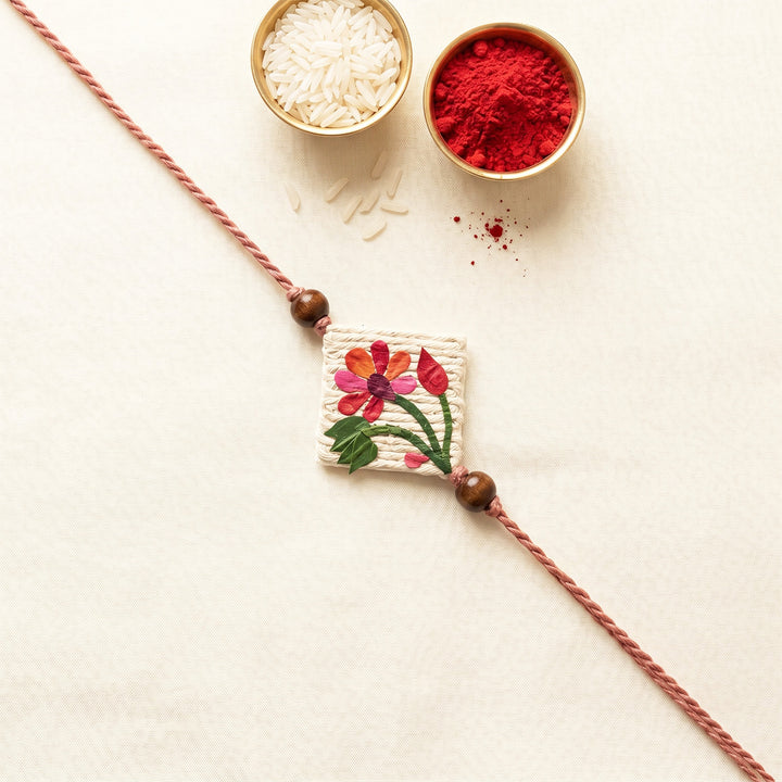 Handmade Pressed Flower Art Lotus Rakhi Lumba With Roli Chawal For Bhaiya Bhabhi