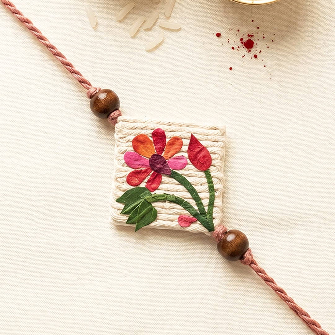 Handmade Pressed Flower Art Lotus Jute Rakhi With Roli Chawal For Bhaiya