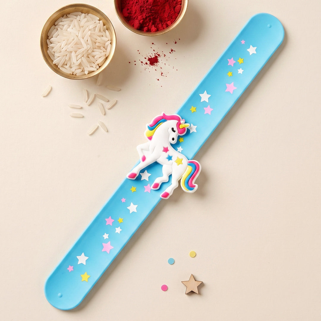 Handmade Elegant Unicorn Silicone Slap Band Rakhi For Kids With Roli Chawal For Brother