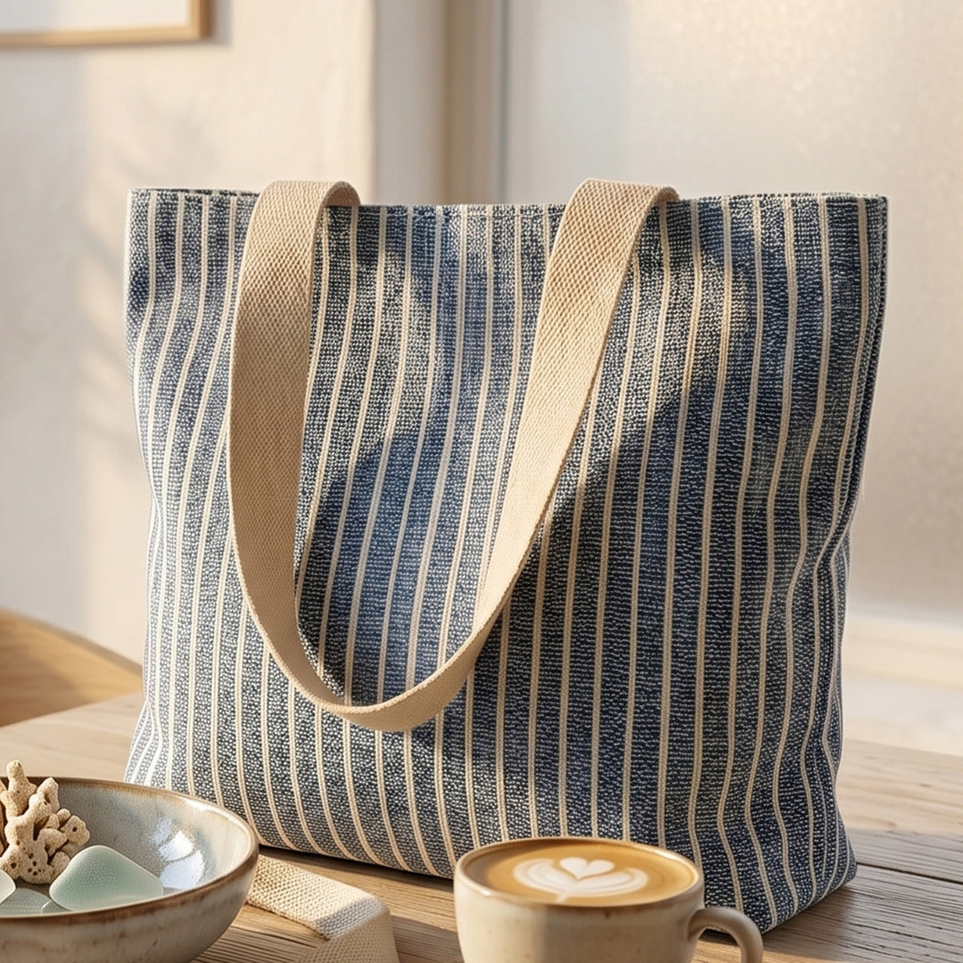 Indigo Blue and White Striped Upcycled Plastic Handcrafted Classic Tote Bag For Everyday Use