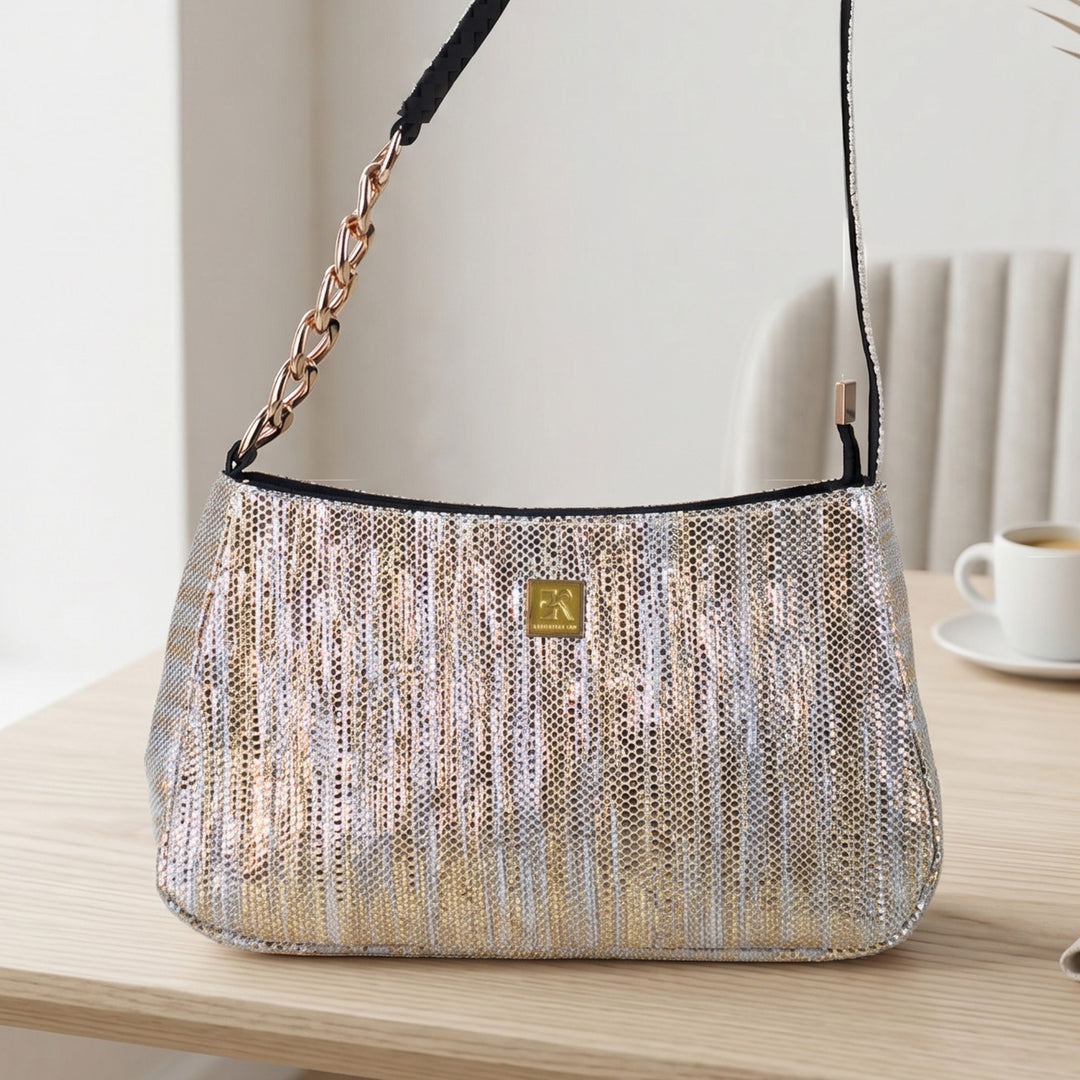 Golden and Silver Striped Upcycled Plastic Handcrafted Mini Baguette Handbag