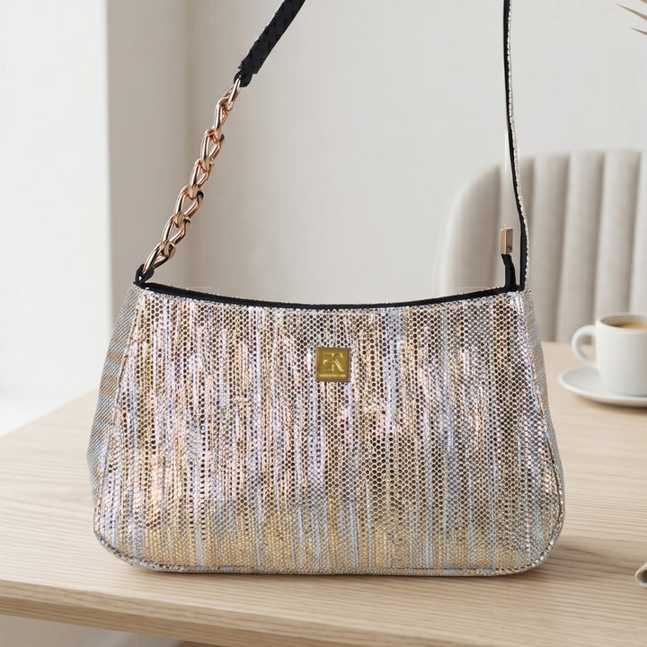Golden and Silver Striped Upcycled Plastic Handcrafted Mini Baguette Handbag