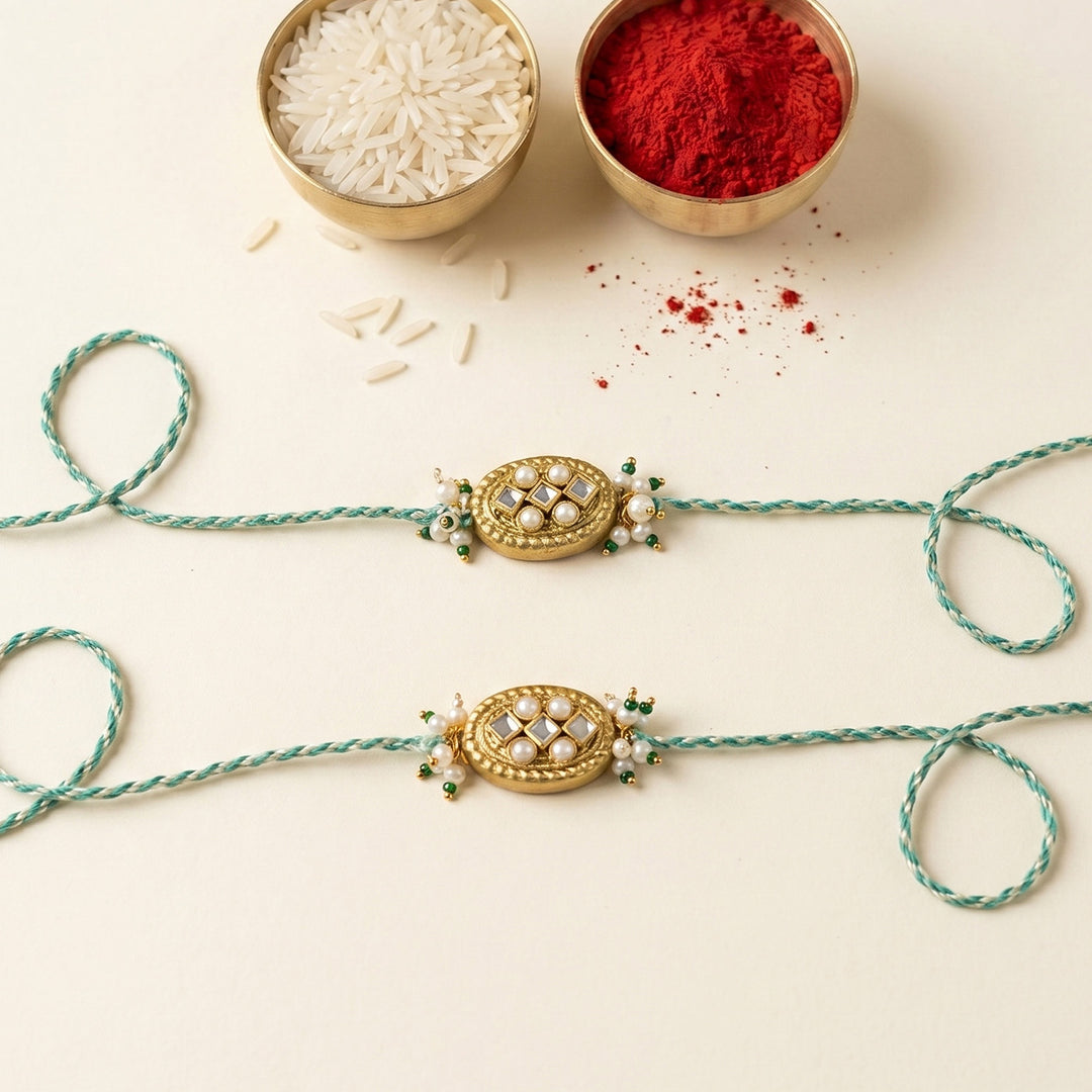 Handmade Golden Teej Sutra Rakhi With Roli Chawal For Bhaiya