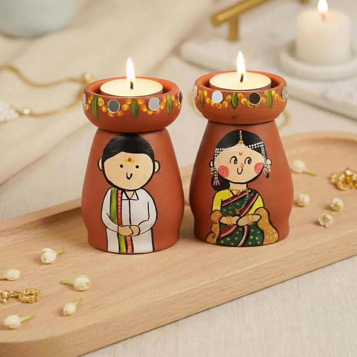 2 Pc | South Indian Couple Handpainted Terracotta Tealight Holders