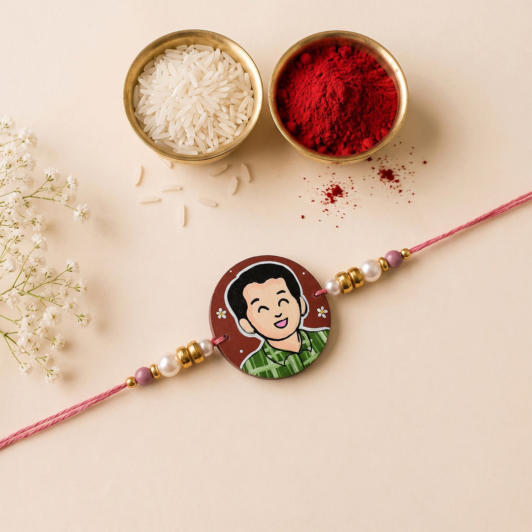Photo Personalized Handpainted Reusable Caricature Mdf Wood Rakhi With Roli Chawal For Big Brother