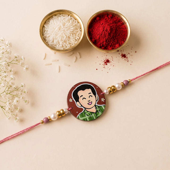 Photo Personalized Handpainted Reusable Caricature Mdf Wood Rakhi With Roli Chawal For Big Brother