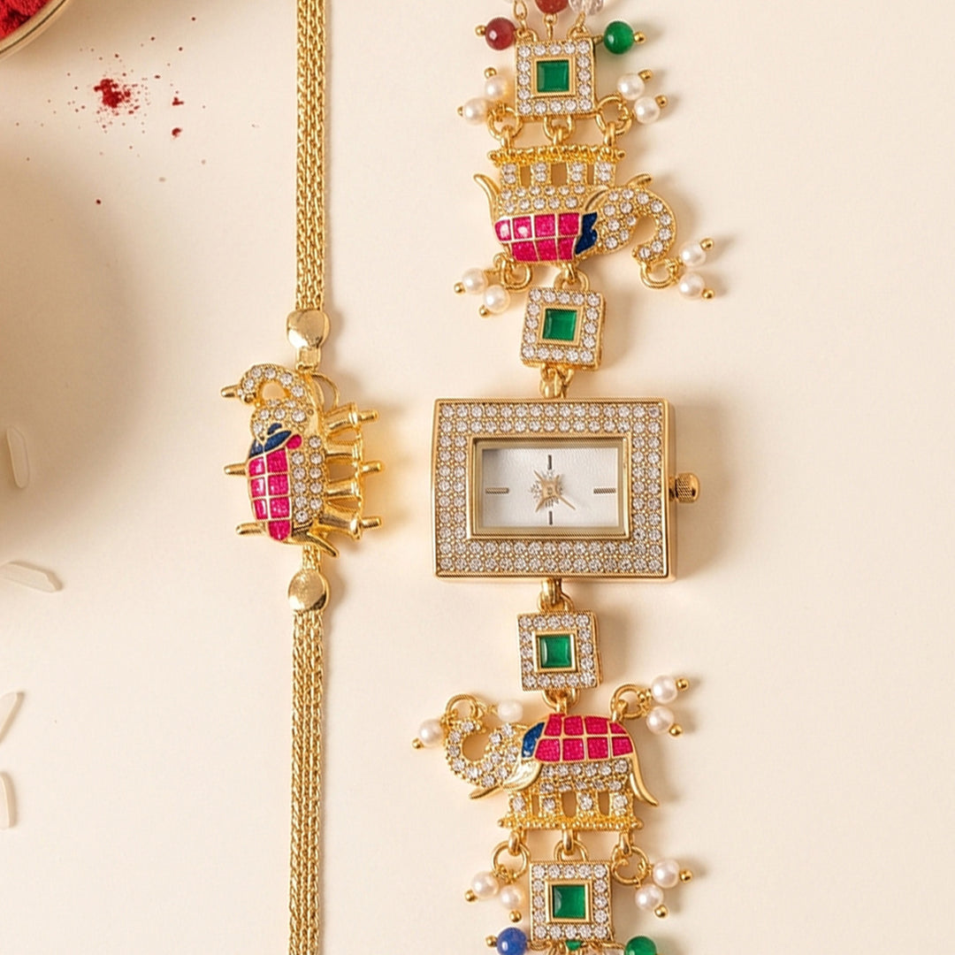 Handmade Kundan & Pearl Shahi Gajraj Elephant Motif Rakhi & Bhabhi Watch Combo For Bhaiya Bhabhi | Set of 2