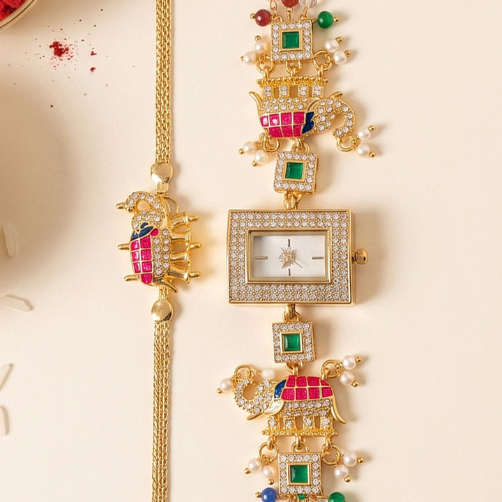 Handmade Kundan & Pearl Shahi Gajraj Elephant Motif Rakhi & Bhabhi Watch Combo For Bhaiya Bhabhi | Set of 2