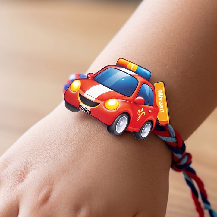 Personalized Reusable Police Car MDF Wood Rakhi With Roli Chawal