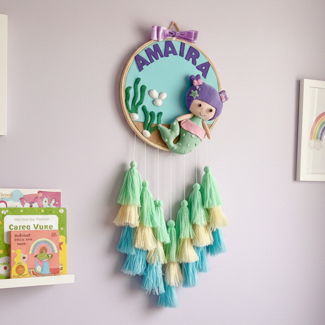 Personalized Mermaid Theme Kids Name Plate With Tassels