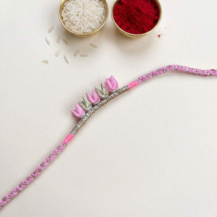 Handmade Tulip Bud & Silver Zari Silk Fabric Rakhi For Brother With Roli Chawal