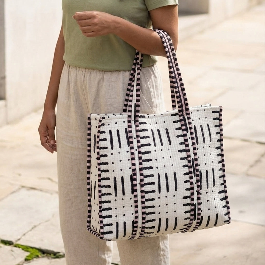Handmade Yin Yang White Cotton Tote Bag