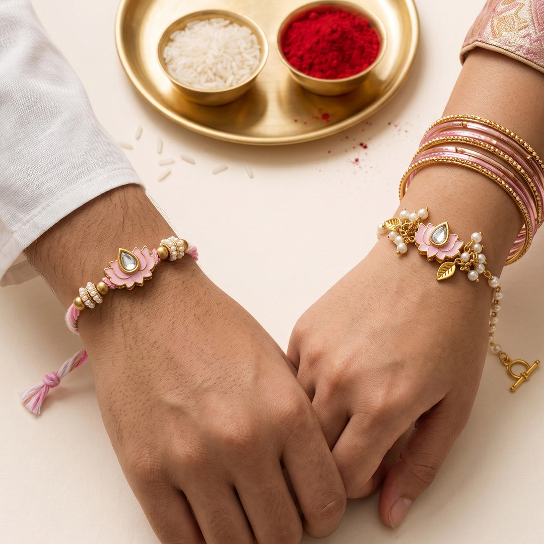 Reusable Lotus & Pearl Couple Rakhi With Roli Chawal For Bhaiya Bhabhi | Set of 2