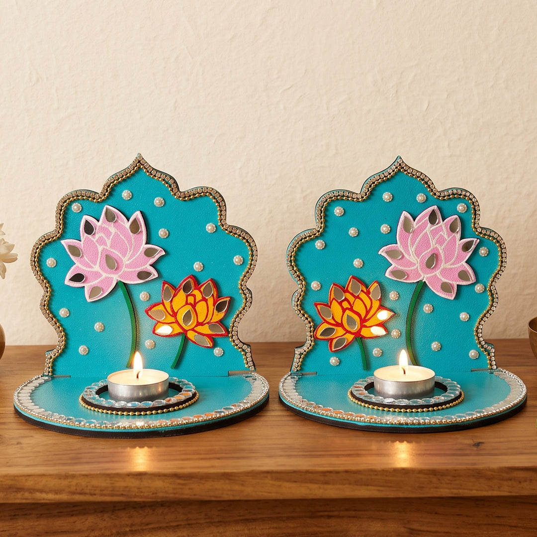 Set of 2 | Handcrafted Lotus Motif MDF Jharokha Tealight Holders For Festive Decor