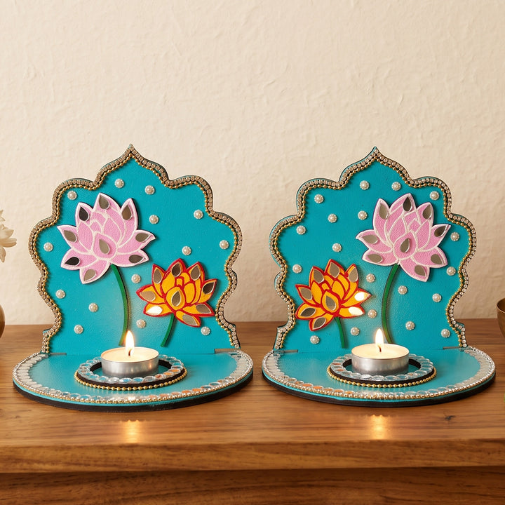Set of 2 | Handcrafted Lotus Motif MDF Jharokha Tealight Holders For Festive Decor