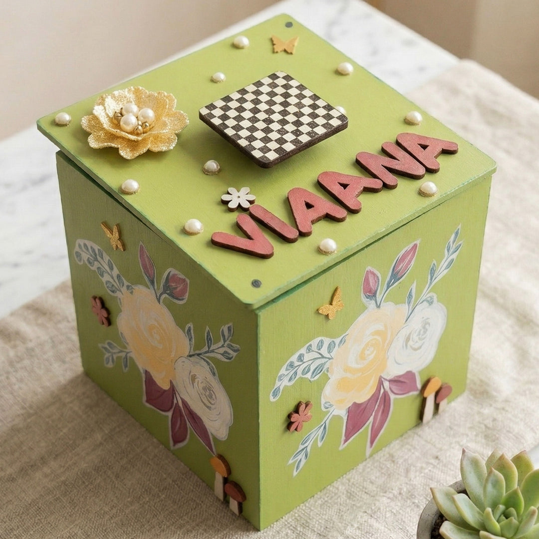 Green Floral Personalized Handmade Mdf Jewellery Box
