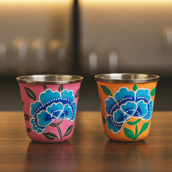 2Pc | Hand-Painted Pink & Yellow Floral Kashmiri Art Stainless Steel Shot Glasses