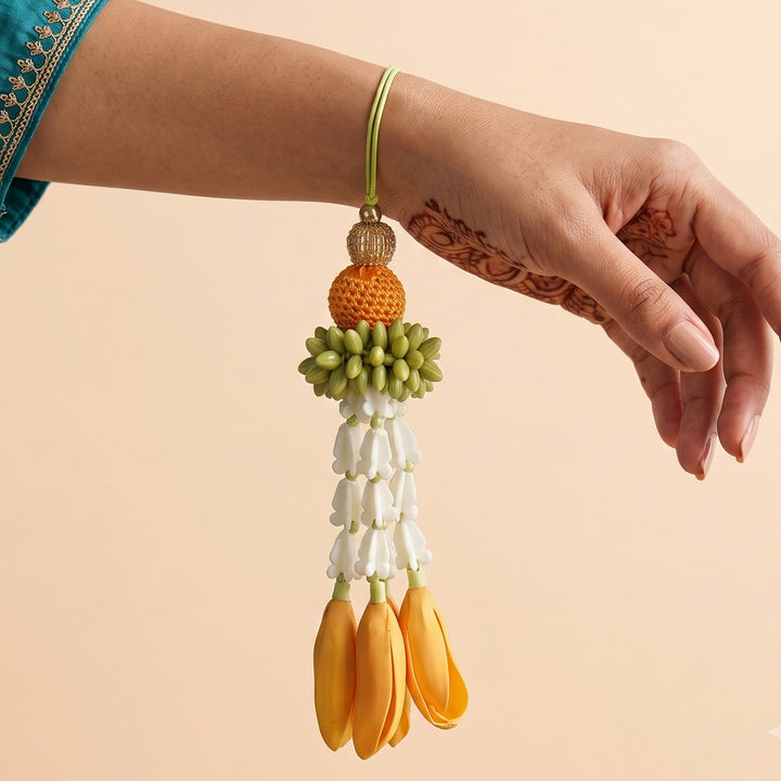 Yellow-White Champa Flower Clay Lumba Rakhi With Roli Chawal For Sister/Bhabhi