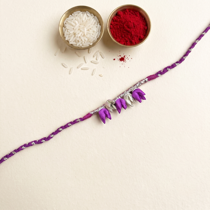 Handmade Tulip Bud & Silver Zari Silk Fabric Rakhi For Brother With Roli Chawal